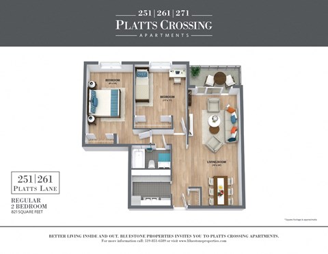 Floor plan for 2 beds, 1 bath, 821 sqft